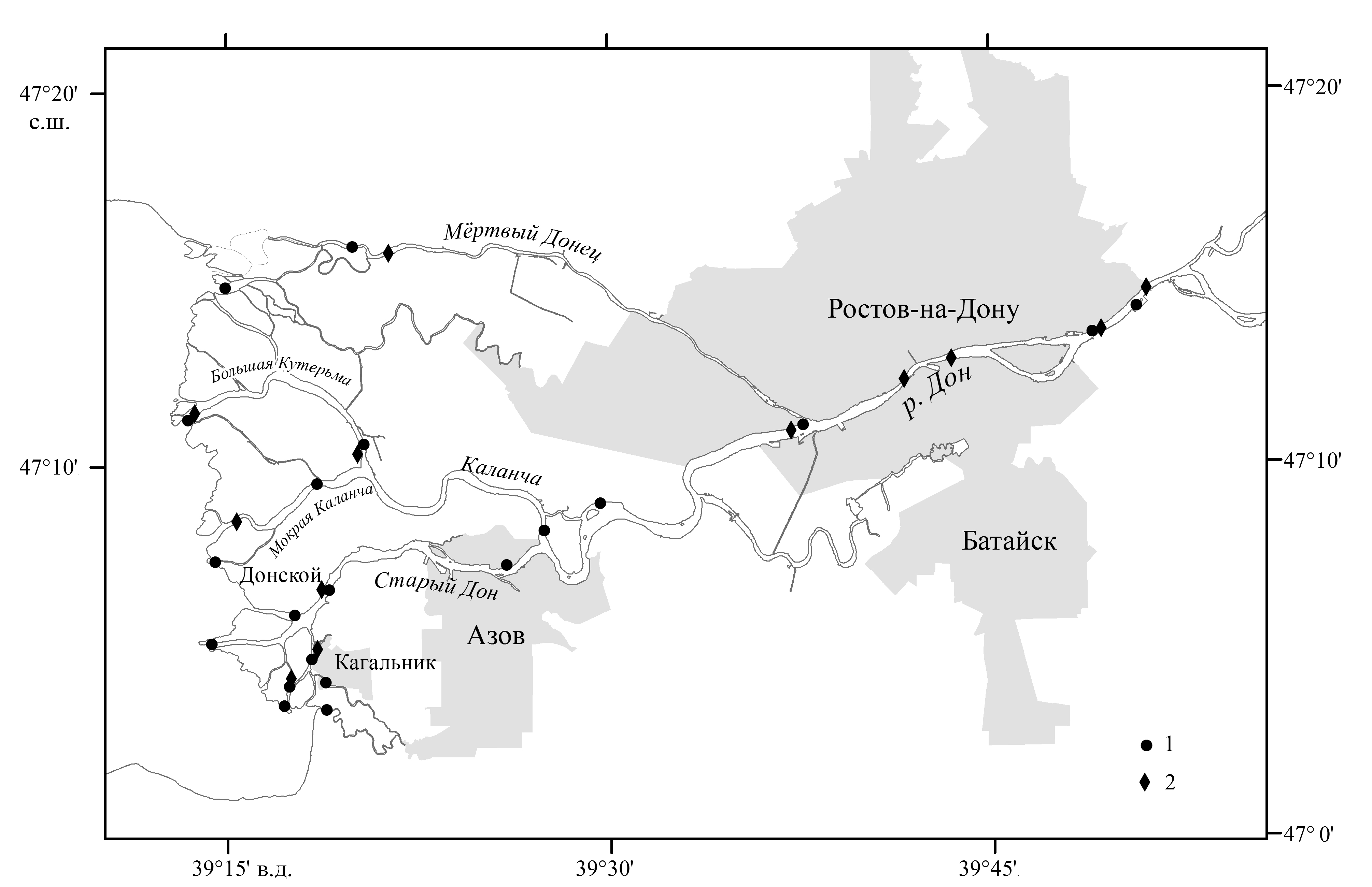 Схема расположения точек отбора проб в дельте и на устьевом участке реки Дон