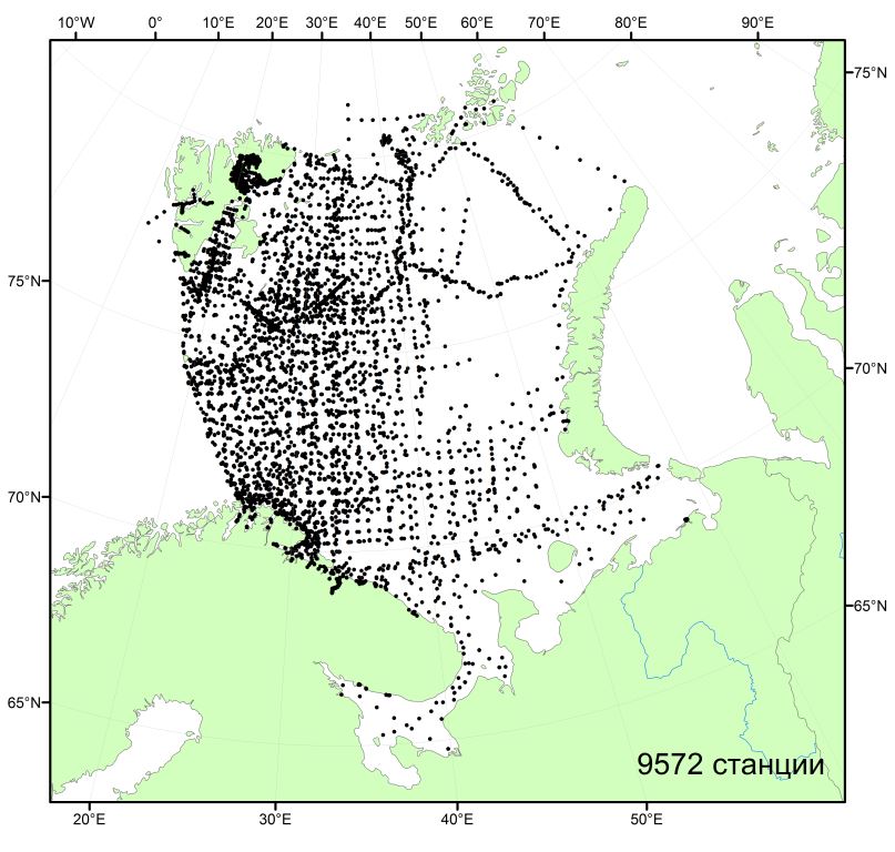 Станции в базе данных Баренцева и Белого морей, выполненные в период 2001-2013 гг