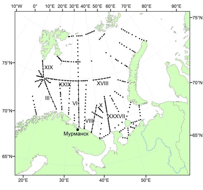 Положение основных и «вековых» океанологических разрезов в Баренцевом море