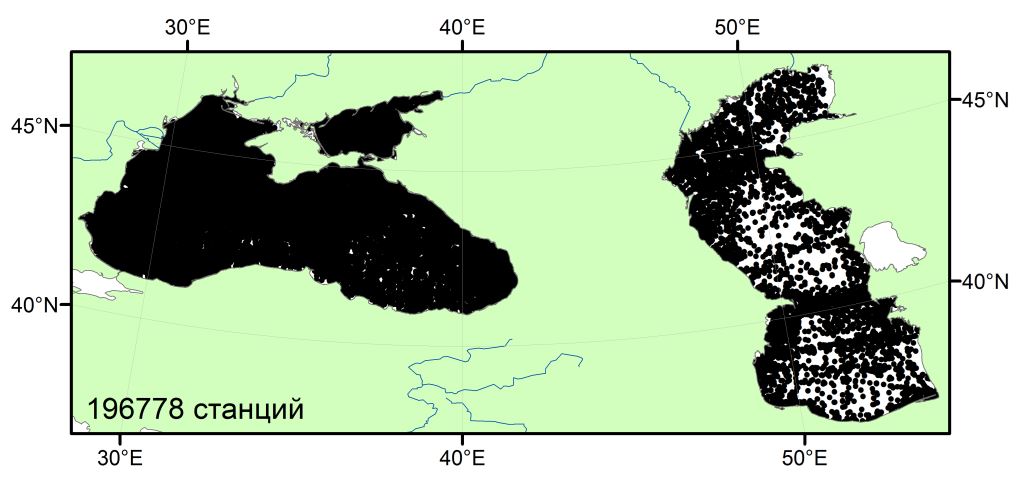 Распределение станций по акватории Чёрного, Азовского и Каспийского морей в период 1884-2012 гг
